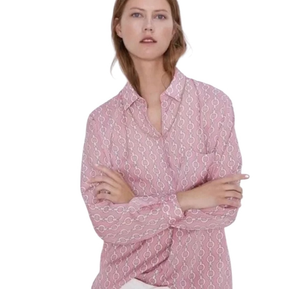 ZARA Pink White Chain Link‎ Silky Button Down Top Shirt Blouse Size S Work Party